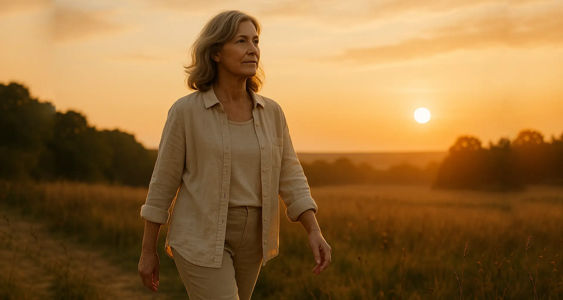 Mujer de entre 45 y 55 años caminando al atardecer en un campo abierto, con expresión tranquila y decidida.