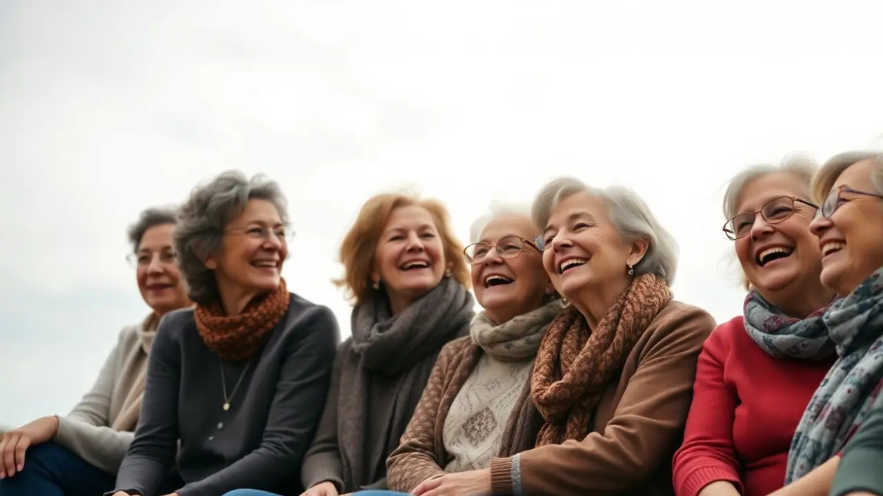 A group of diverse women aged 45+ sitting together and laughing, with lots of sky or open space above them for wide-format cropping.