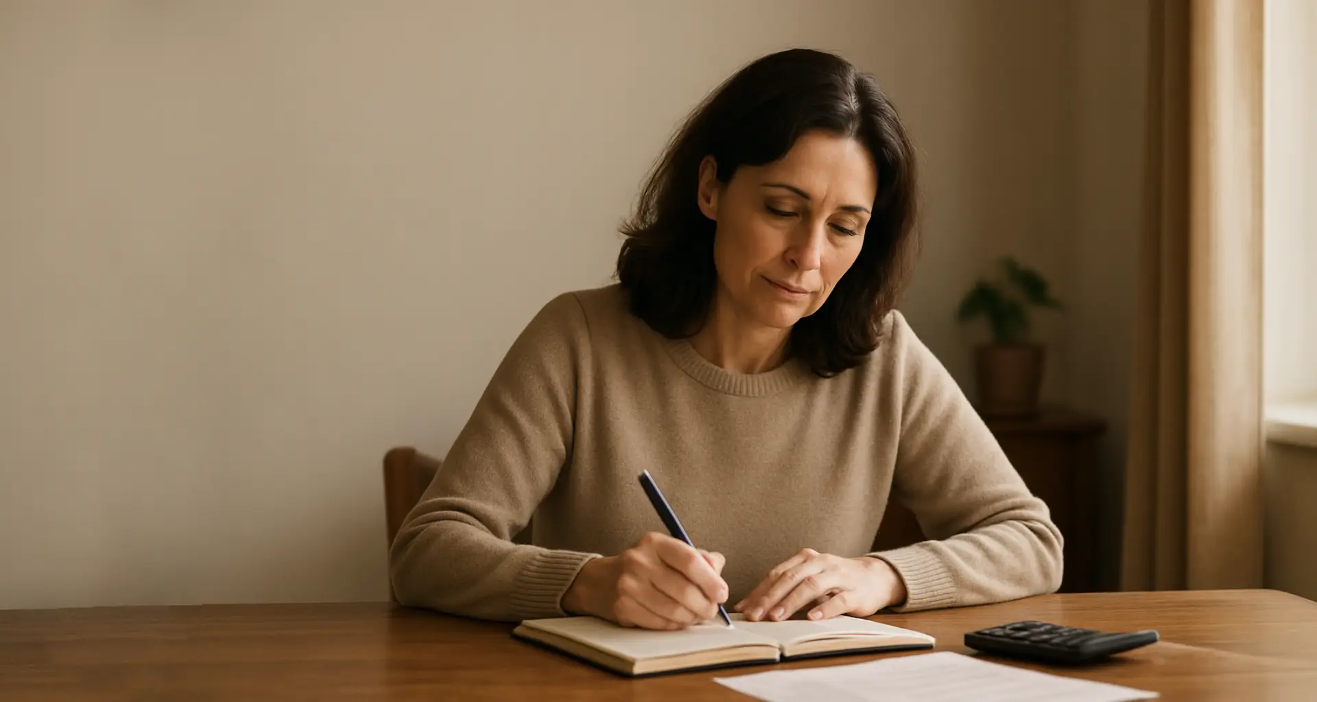 A midlife woman sitting at a wooden table, calmly writing in a notebook with a calculator and financial papers, with large open space above her head.